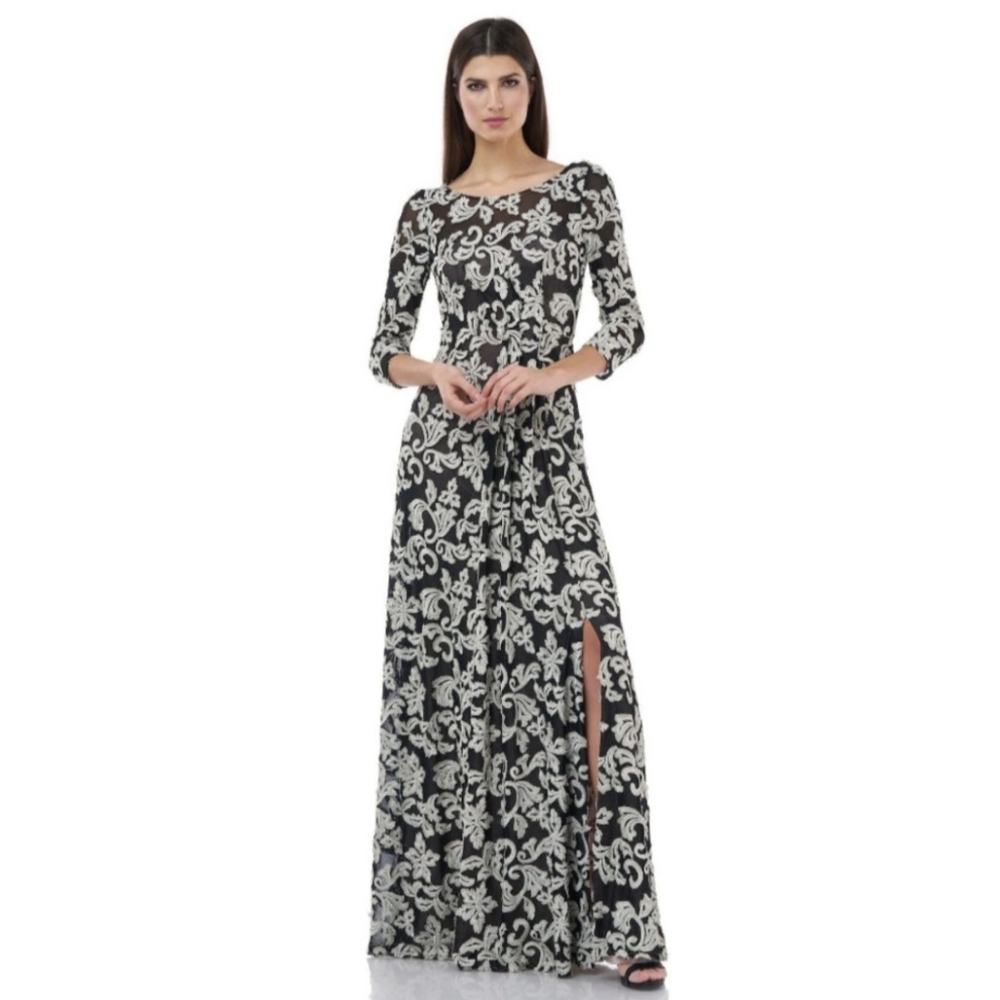 JS Collections Floral Paisley Embroidered Maxi Dress Gown in Silver Black